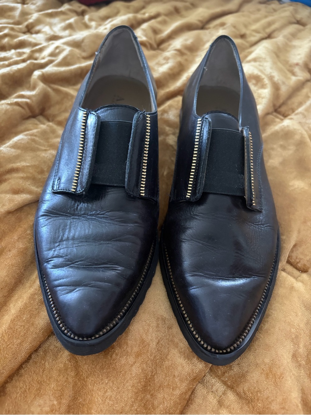 Women’s Black Leather Slip-On Dress Shoes with Gold Trim